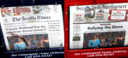 Identische Frontfotos in den Seattle Times und dem Seattle Post-Intelligencer, 26. August 2008